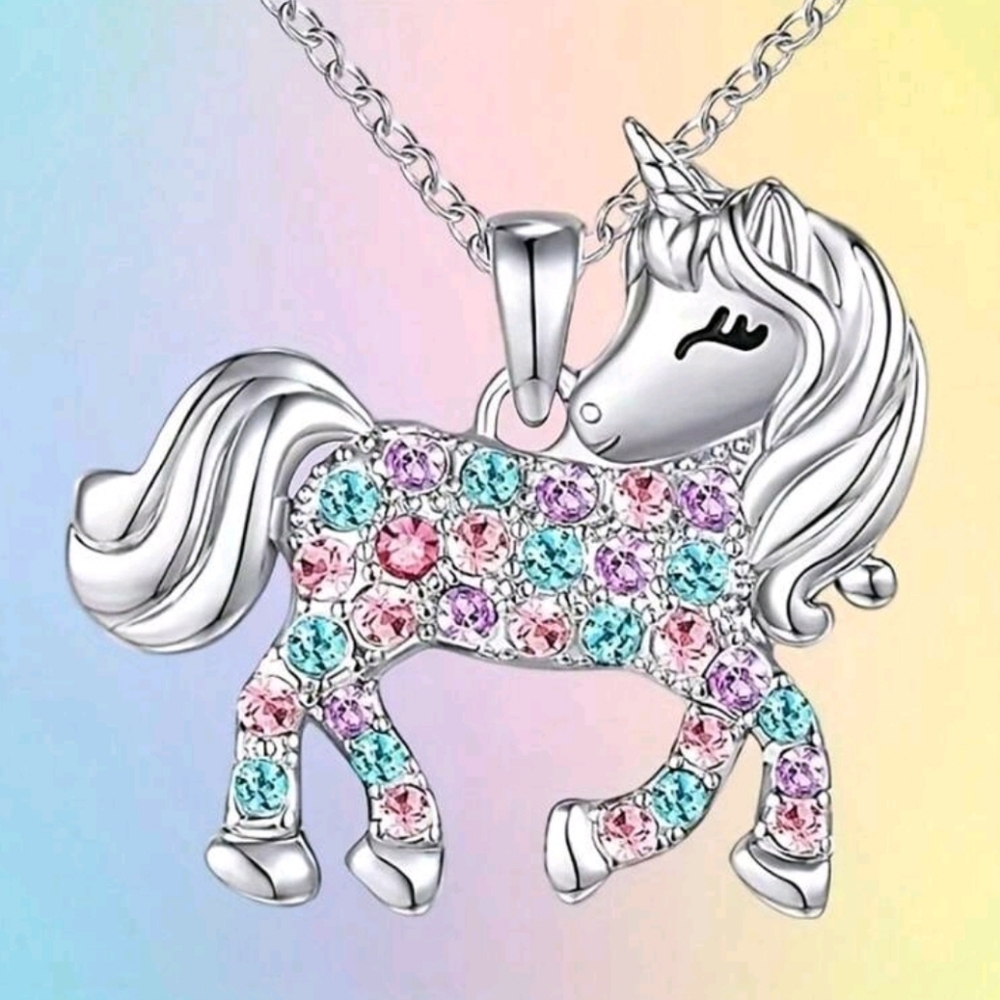 925 Sterling Silver Multi-Color Crystal Unicorn Pendant Girls Necklace 18" Chain